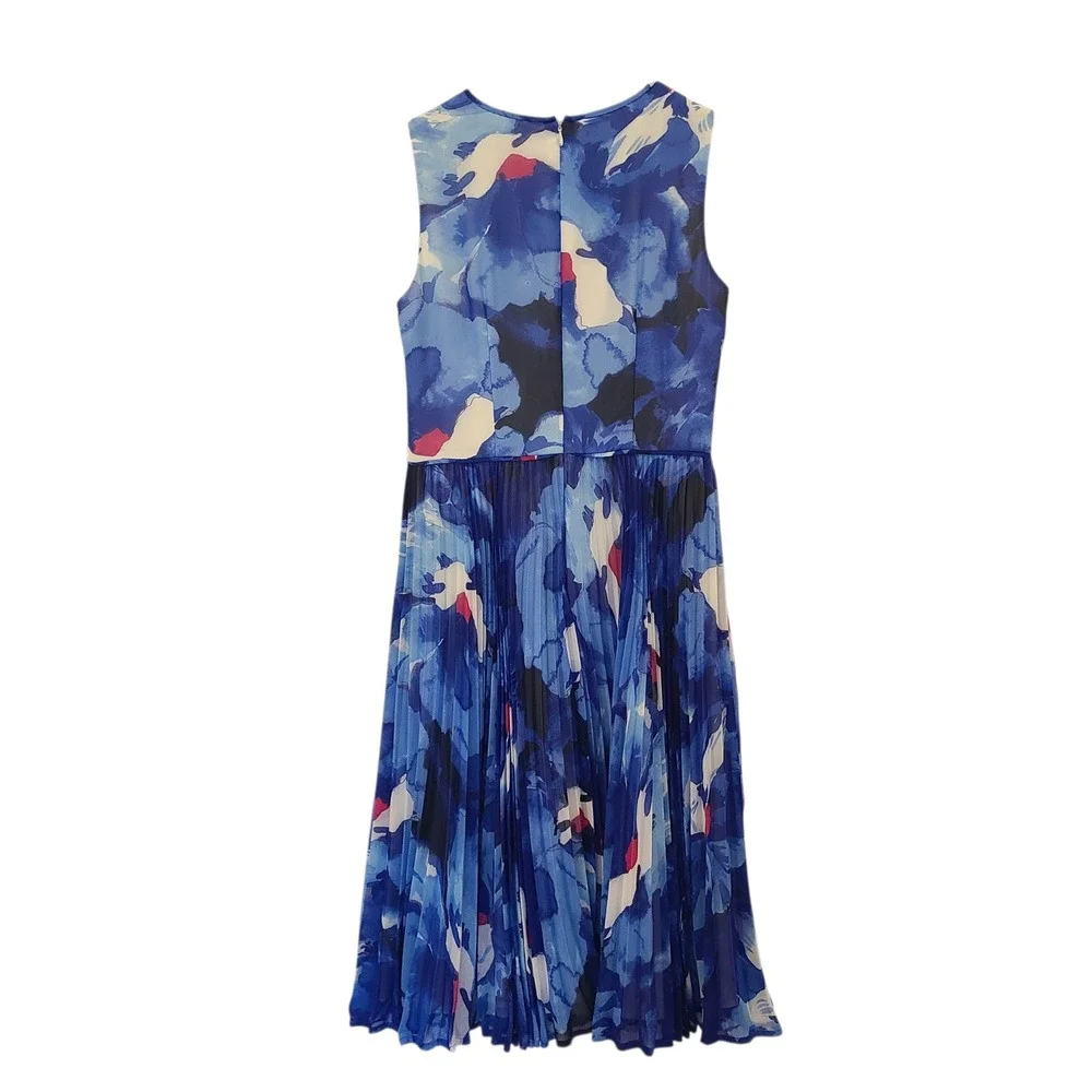 Maggy London Blue Floral Watercolor Pleated Midi Dress Womens Size 8 Sleeveless - Picture 4 of 7